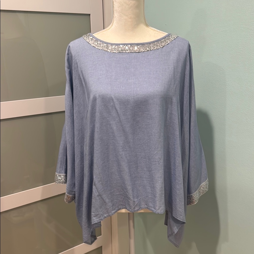 Ethyl Clothing Elegant Blue Women's Top with Silver Accents XL XXL